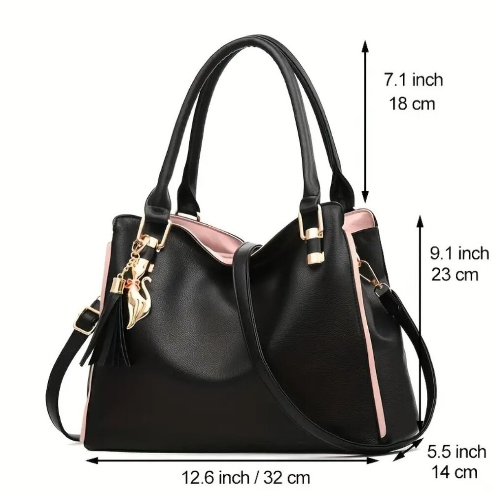 Black Faux Leather Tote Bag Pink Accents Satchel Crossbody Purse w Charm - Picture 3 of 10
